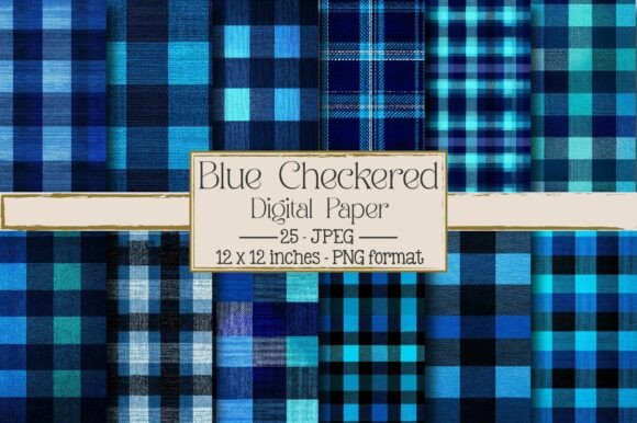 Blue Checkered Patterns – 25 Designs JPEG Files for Creative Projects