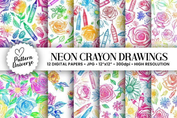 Neon Crayon Drawing Seamless Patterns for Creative Projects