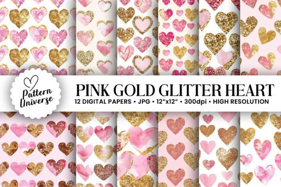 Pink Gold Glittery Heart Patterns