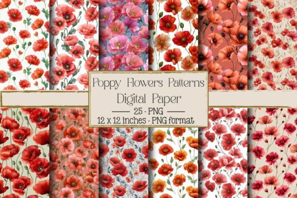 Poppy Watercolor Flowers Patterns – Creative Design Asset