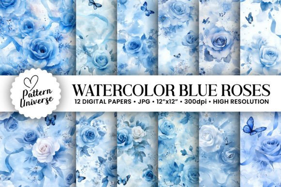 Watercolor Blue Roses Garden Patterns for Creative Projects